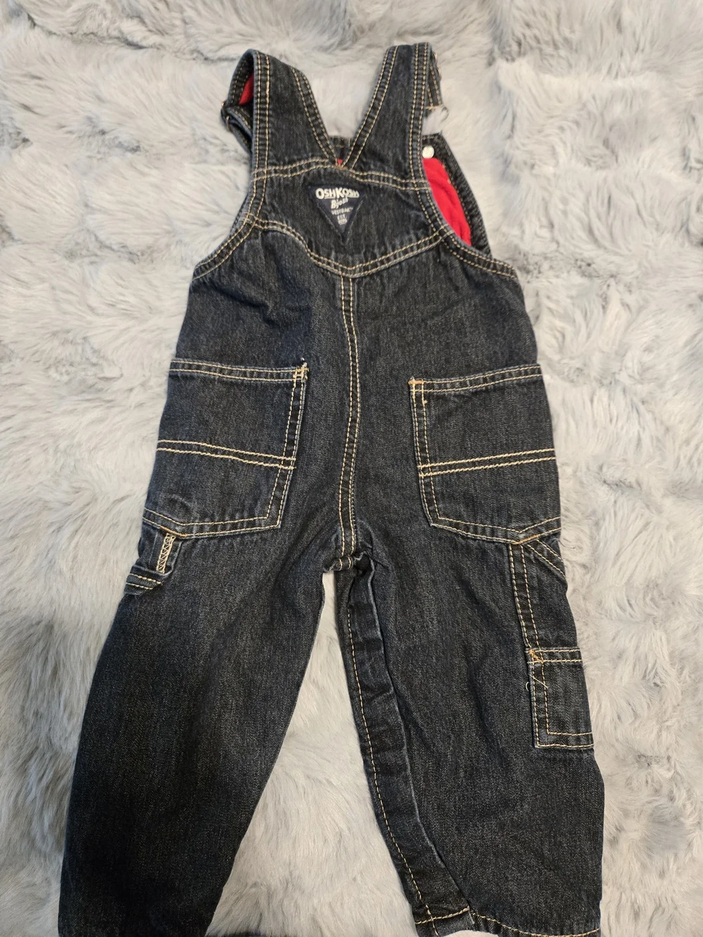 OshKosh B'gosh Red Fleece Lined Dark Wash Carpenter Overalls 12M